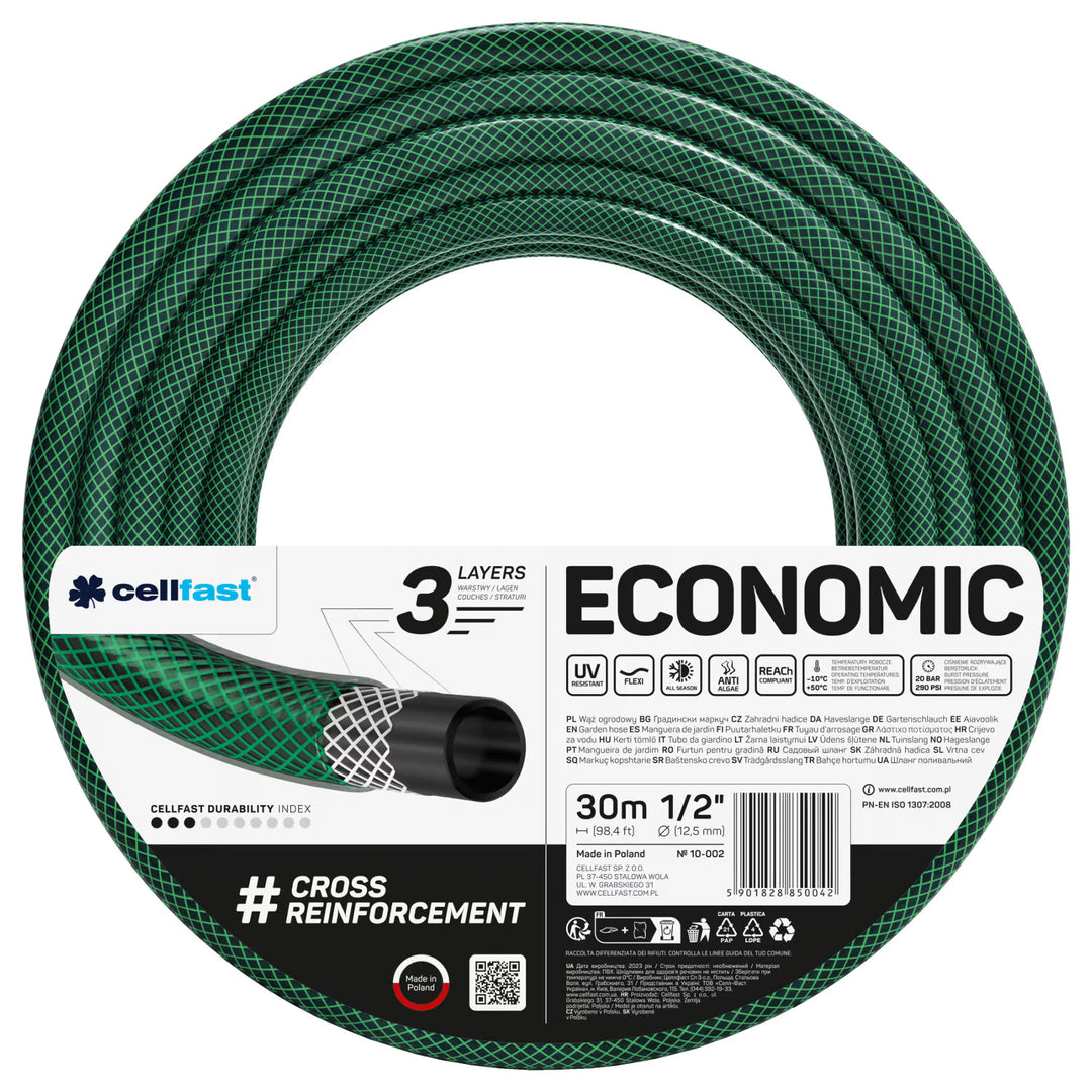 Cellfast Economic Gartenschlauch 1/2" 30 m + Ständer, Anschluss mit 3/4"-Innengewinde, Durchgangs- und Anschlag-Schnellkupplung 1/2" + gerader Sprühkopf Cellfast Economic