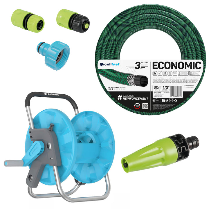 Cellfast Economic Gartenschlauch 1/2" 30 m + Ständer, Anschluss mit 3/4"-Innengewinde, Durchgangs- und Anschlag-Schnellkupplung 1/2" + gerader Sprühkopf Cellfast Economic