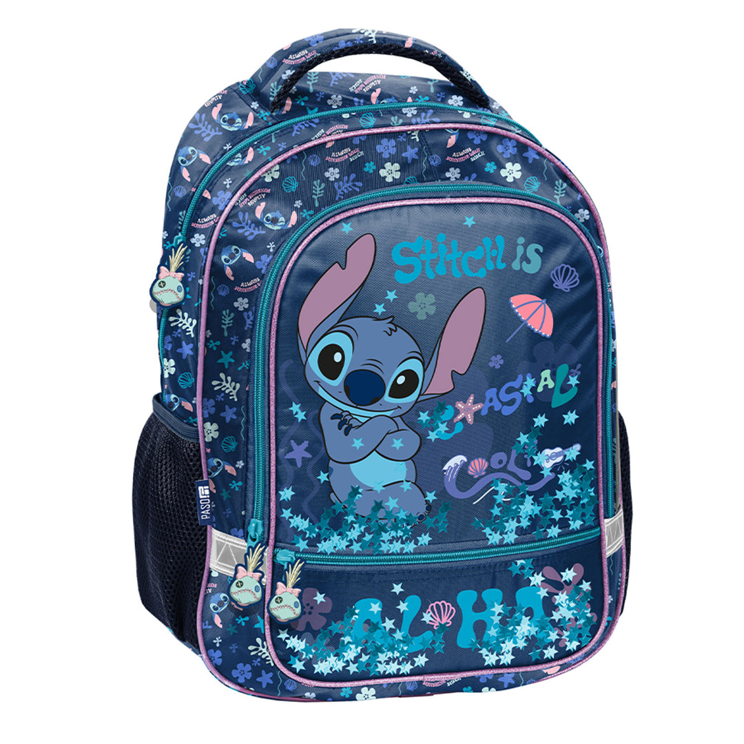 Stitch Paso-Schulset, Rucksack mit zwei Fächern, reflektierenden Elementen und versteiftem Rücken, Federmäppchen ohne Inhalt und mit Halterungen für Schreibutensilien, Schuhbeutel, der auf den Rücken geschnallt werden kann, DS26XX