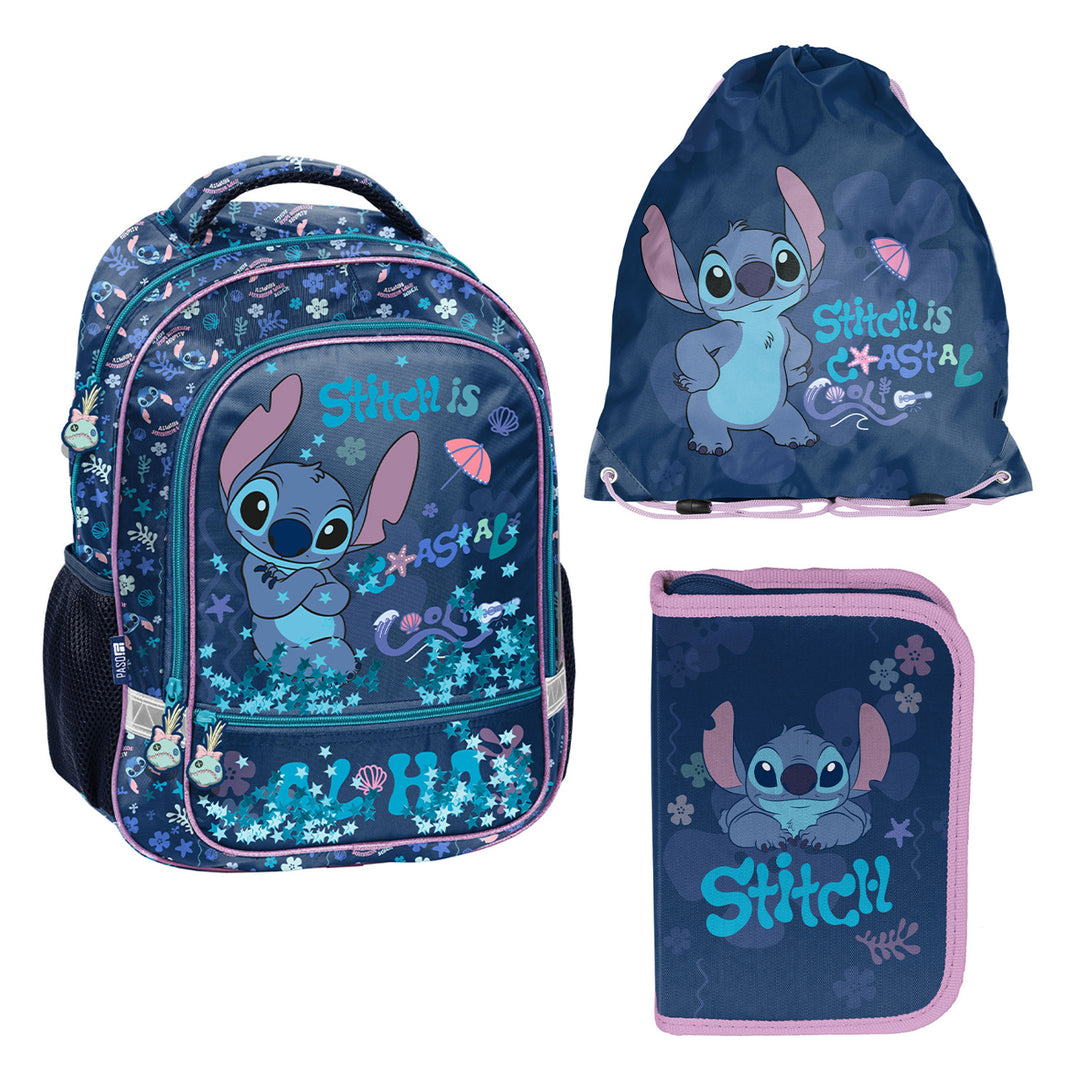 Stitch Paso-Schulset, Rucksack mit zwei Fächern, reflektierenden Elementen und versteiftem Rücken, Federmäppchen ohne Inhalt und mit Halterungen für Schreibutensilien, Schuhbeutel, der auf den Rücken geschnallt werden kann, DS26XX