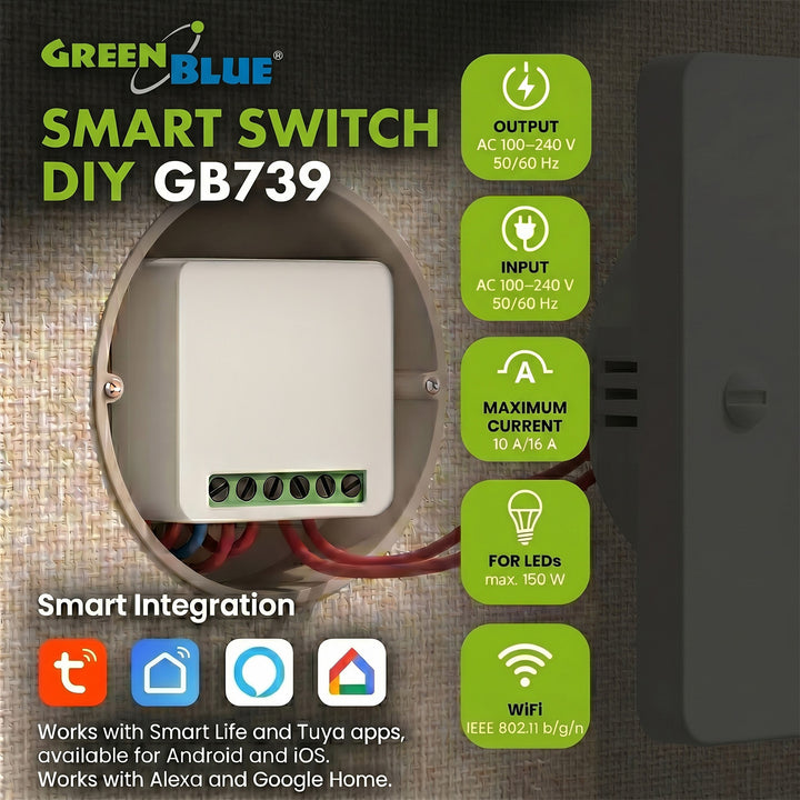 GreenBlue WLAN-Einbaurelais, Android/iOS/Alexa/Google Home, 100–240 V AC, 50/60 Hz, max. 16 A, für LED 150 W, GB739, 2 Stück