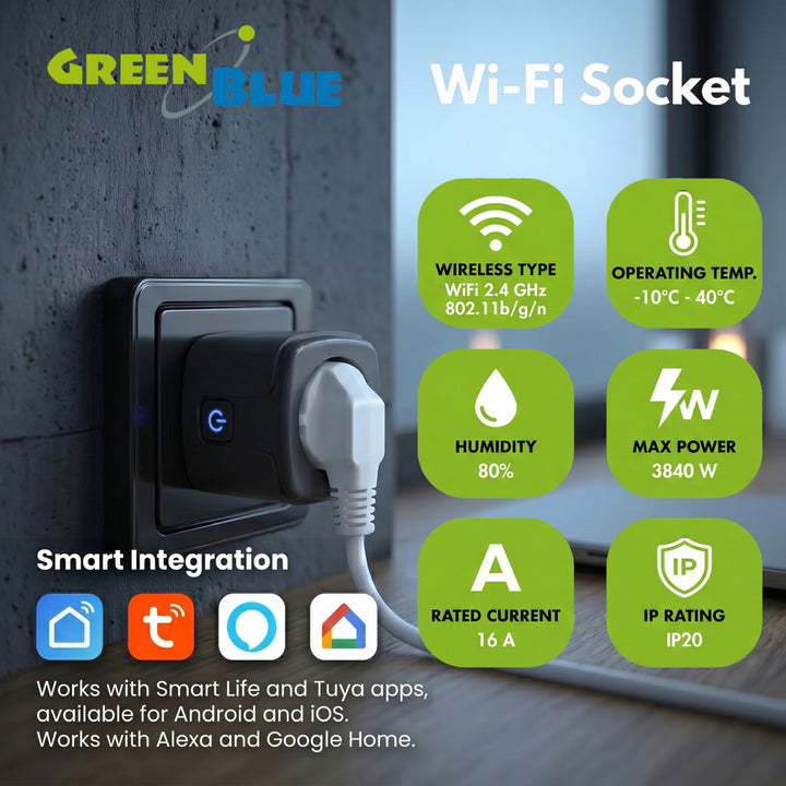 Ferngesteuerte WLAN-Steckdose von GreenBlue, Android/iOS/Alexa/Google Home, Timer, Leistungsmesser, max. 16 A/3840 W, GB735 B, 3 Stück