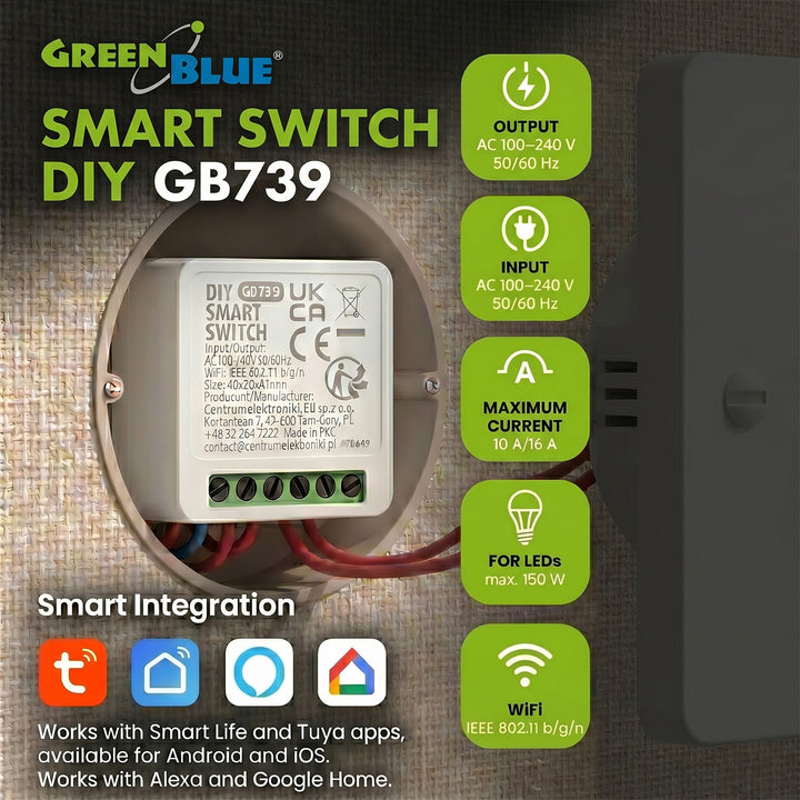 GreenBlue WLAN-Einbaurelais, Android/iOS/Alexa/Google Home, 100–240 V AC, 50/60 Hz, max. 16 A, für LED 150 W, GB739, 3 Stück