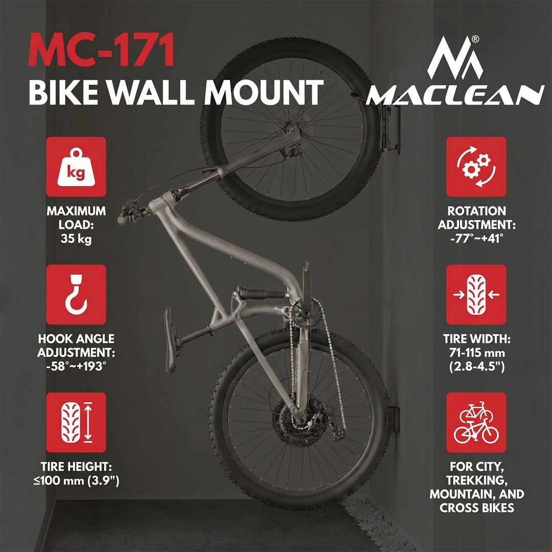 Maclean Fahrradhalterung / Wandhalterung, max. Tragkraft 35 kg, Neigungswinkel einstellbar, Stahl, MC-171, 4 Stück