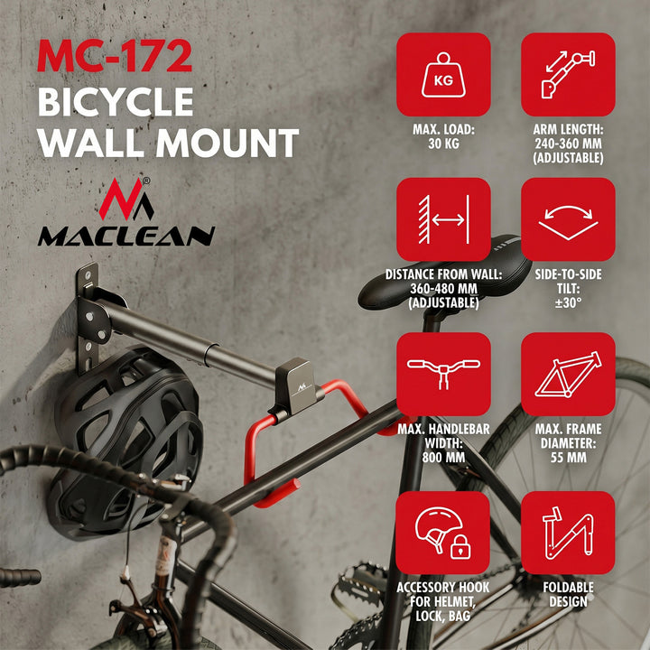 Maclean Fahrradhalterung / Wandhalterung, horizontal, Stahl, max. Belastbarkeit 30 kg, Winkelverstellbar, MC-172, 3 Stück