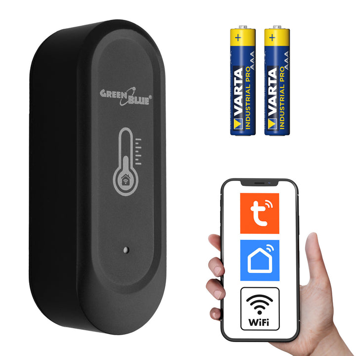 GreenBlue WLAN-Außensensor für Temperatur und Luftfeuchtigkeit, Android/iOS, 3,0 V DC, LR03x2, IP65, GB741 + 2x R-03 LR03 AAA-Alkalibatterie von Varta Industrial 4003