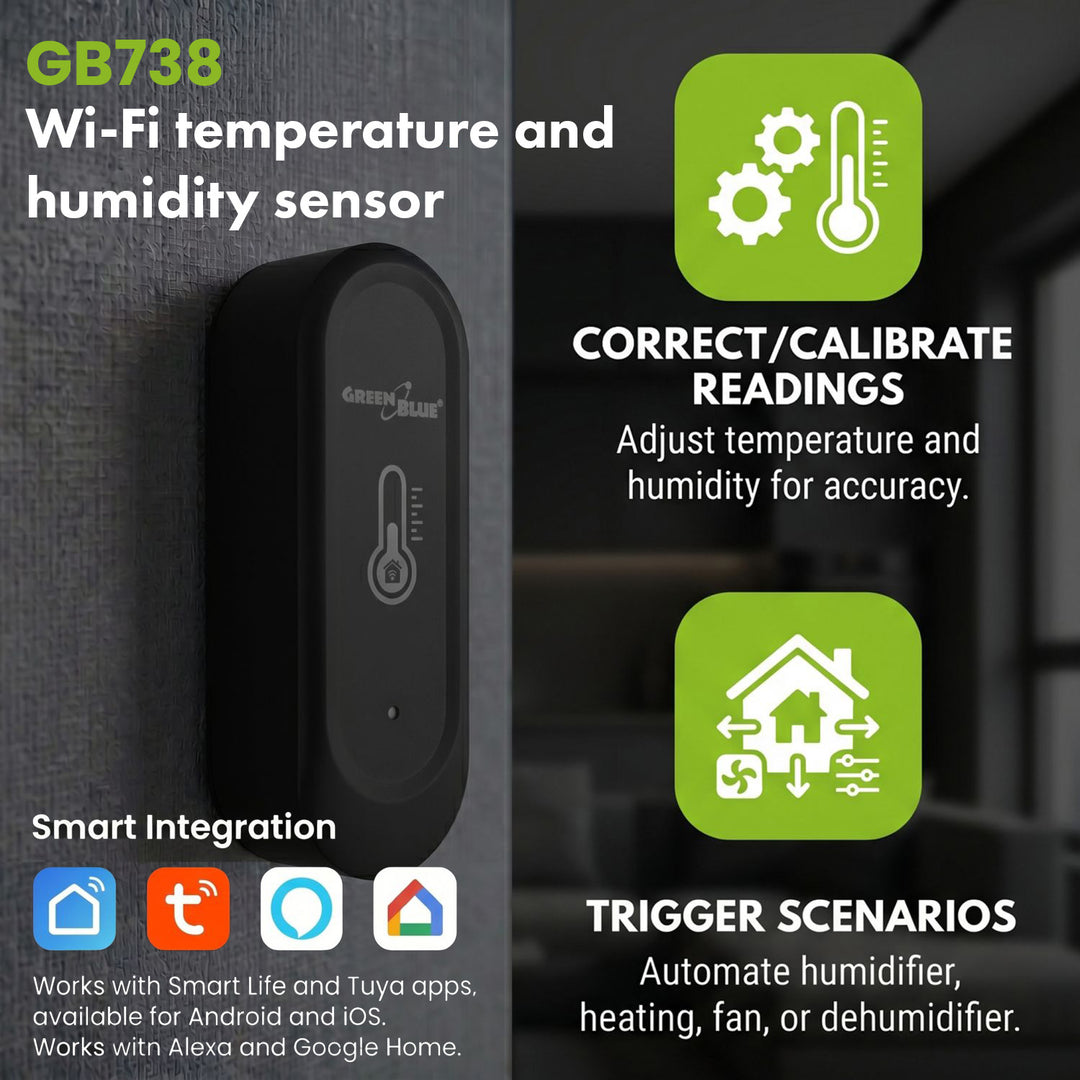 GreenBlue WLAN-Außensensor für Temperatur und Luftfeuchtigkeit, Android/iOS, 3,0 V DC, LR03x2, IP65, GB741, 2 Stück + 4x Varta Industrial 4003 AAA-Alkalibatterien