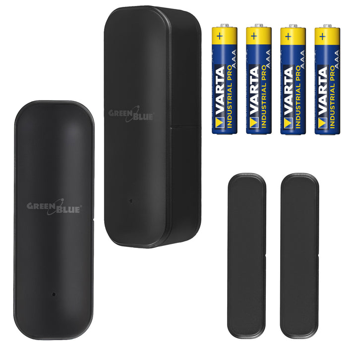 Drahtloser Reed-Schalter / WLAN-Öffnungssensor von GreenBlue, Android/iOS, für Türen / Fenster, 3,0 V DC, LR03x2, GB479 B, 2 Stück + 4x AAA-Alkalibatterie Varta Industrial 4003