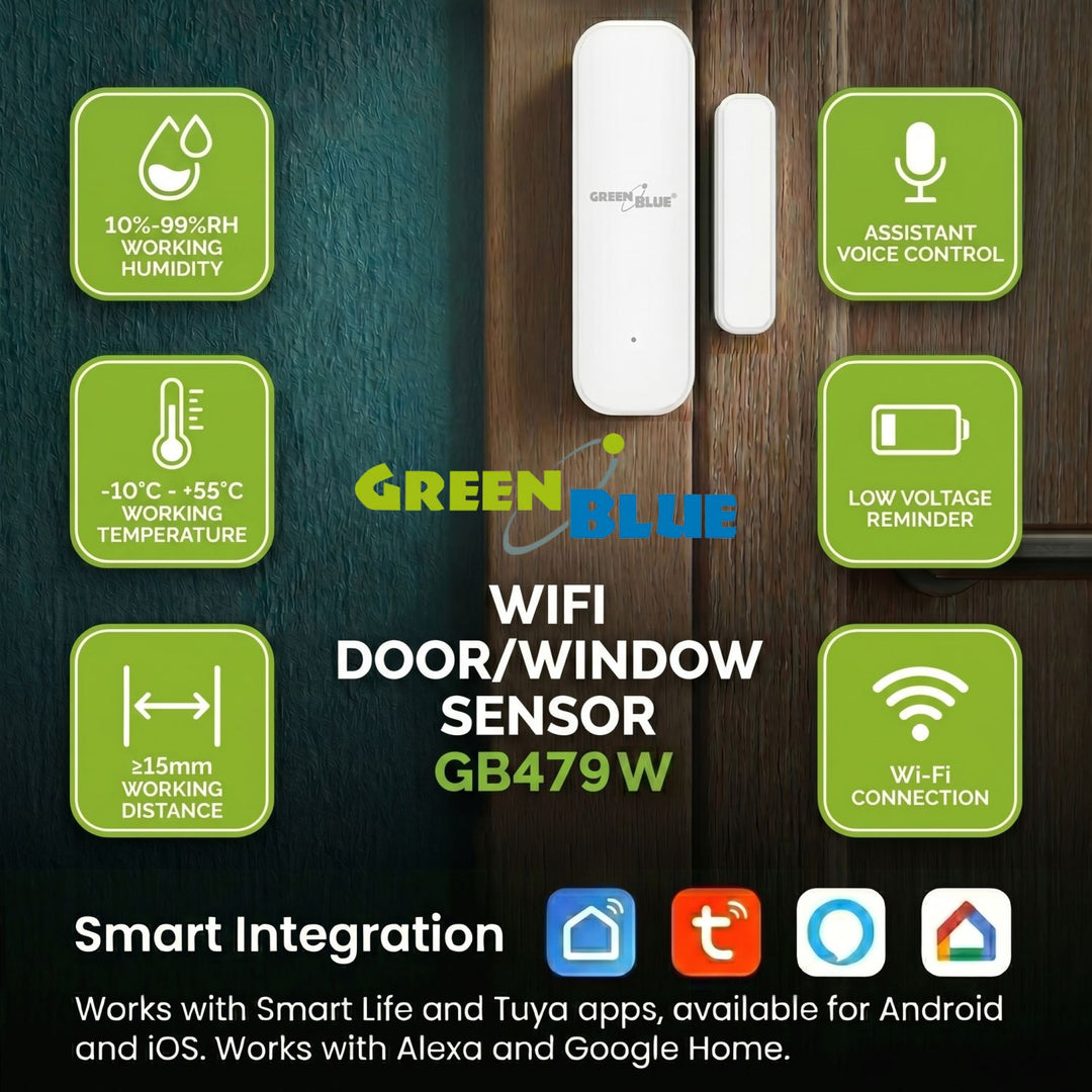 Drahtloser Reed-Schalter / WLAN-Öffnungssensor GreenBlue, Android/iOS, für Türen / Fenster, 3,0 V DC, LR03x2, GB479 W + 2x R-03 LR03 AAA-Alkalibatterie Varta Industrial 4003