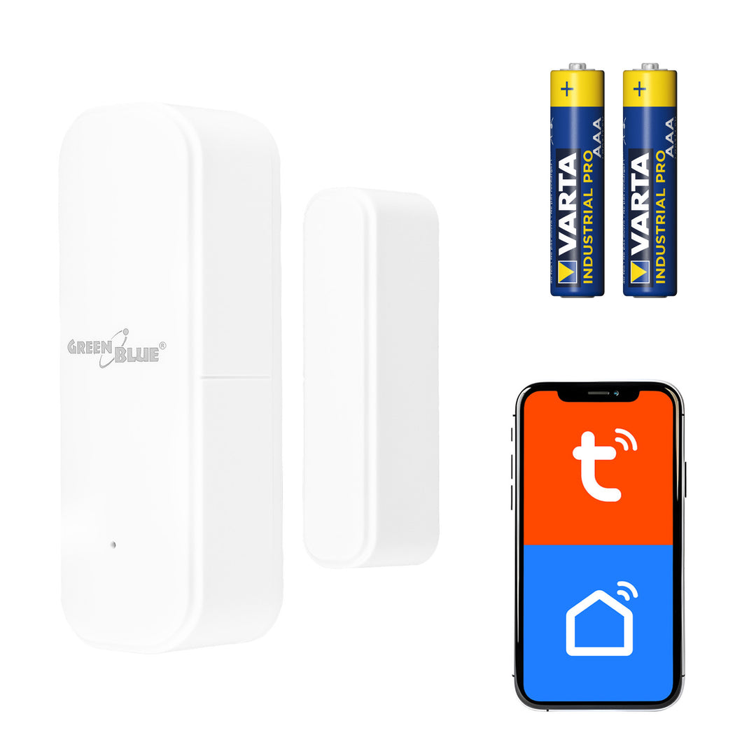 Drahtloser Reed-Schalter / WLAN-Öffnungssensor GreenBlue, Android/iOS, für Türen / Fenster, 3,0 V DC, LR03x2, GB479 W + 2x R-03 LR03 AAA-Alkalibatterie Varta Industrial 4003