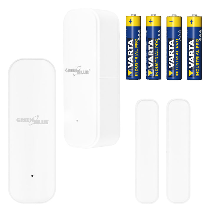 Drahtloser Reed-Schalter / WLAN-Öffnungssensor von GreenBlue, Android/iOS, für Türen / Fenster, 3,0 V DC, LR03x2, GB479, 2 Stück  + 4x AAA-Alkalibatterie Varta Industrial 4003