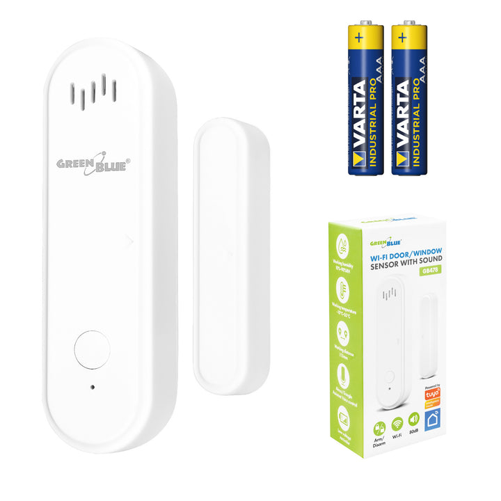 Drahtloser Reed-Schalter / WLAN-Öffnungssensor von GreenBlue, Android/iOS, für Türen / Fenster, 3,0 V DC, LR03x2, mit Alarm, GB478 + 2x R-03 LR03 AAA-Alkalibatterie von Varta Industrial 4003