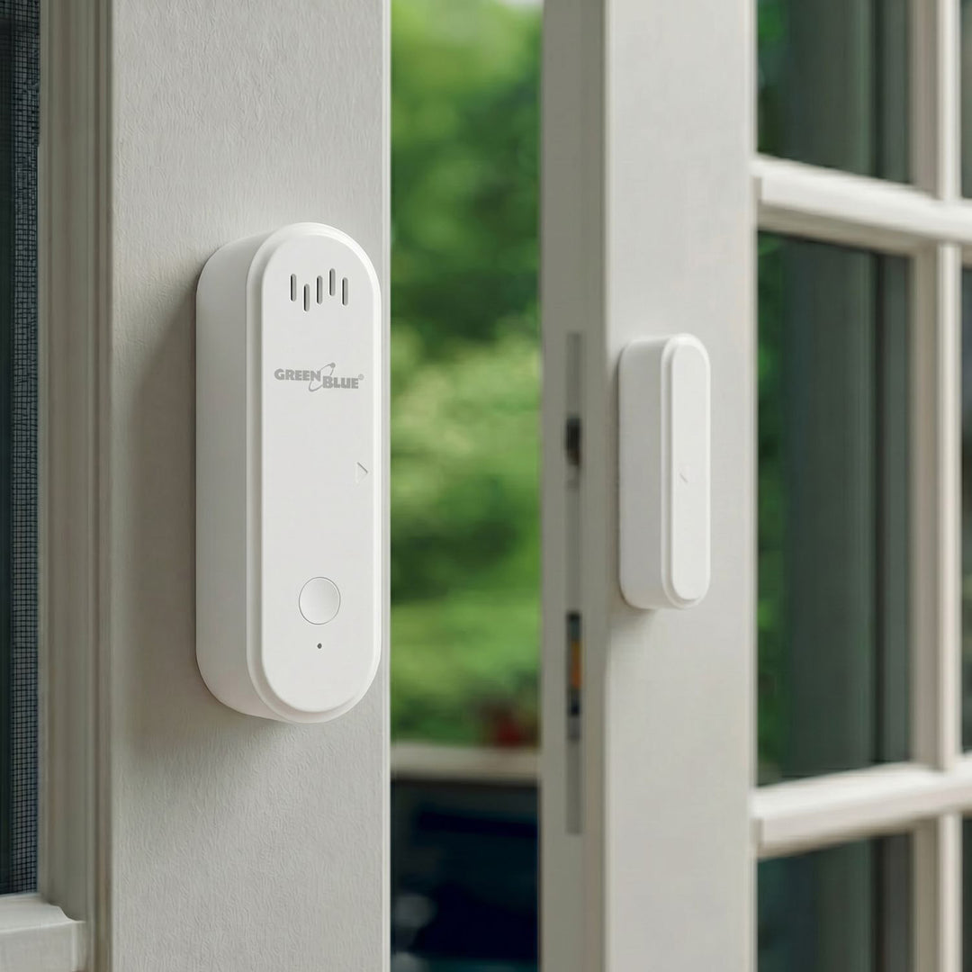 Drahtloser Reed-Schalter / WLAN-Öffnungssensor von GreenBlue, Android/iOS, für Türen / Fenster, 3,0 V DC, LR03x2, mit Alarm, GB478, 2 Stück + 4x AAA-Alkalibatterie Varta Industrial 4003
