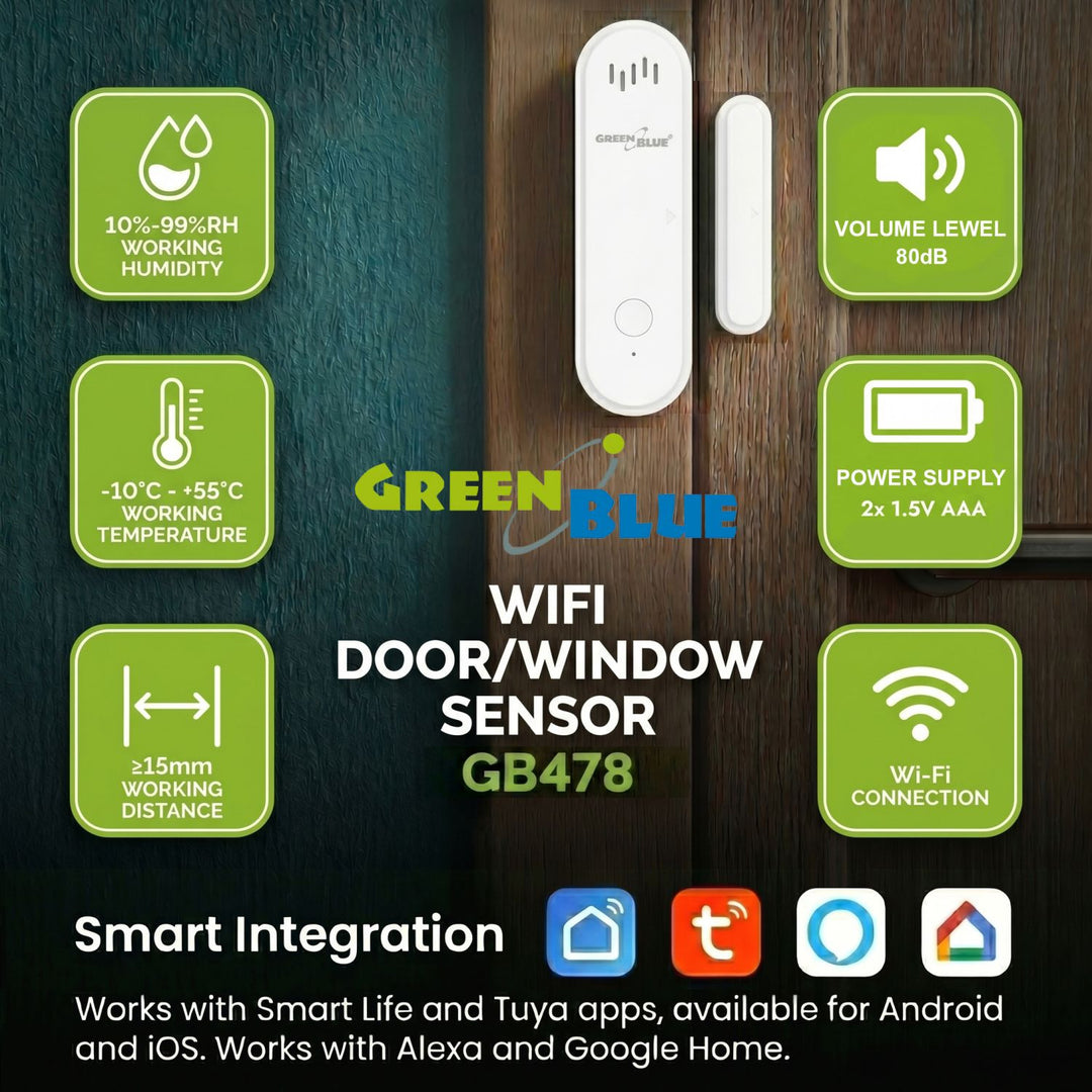 Drahtloser Reed-Schalter / WLAN-Öffnungssensor von GreenBlue, Android/iOS, für Türen / Fenster, 3,0 V DC, LR03x2, mit Alarm, GB478, 2 Stück + 4x AAA-Alkalibatterie Varta Industrial 4003