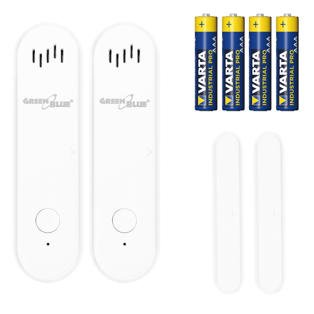Drahtloser Reed-Schalter / WLAN-Öffnungssensor von GreenBlue, Android/iOS, für Türen / Fenster, 3,0 V DC, LR03x2, mit Alarm, GB478, 2 Stück + 4x AAA-Alkalibatterie Varta Industrial 4003
