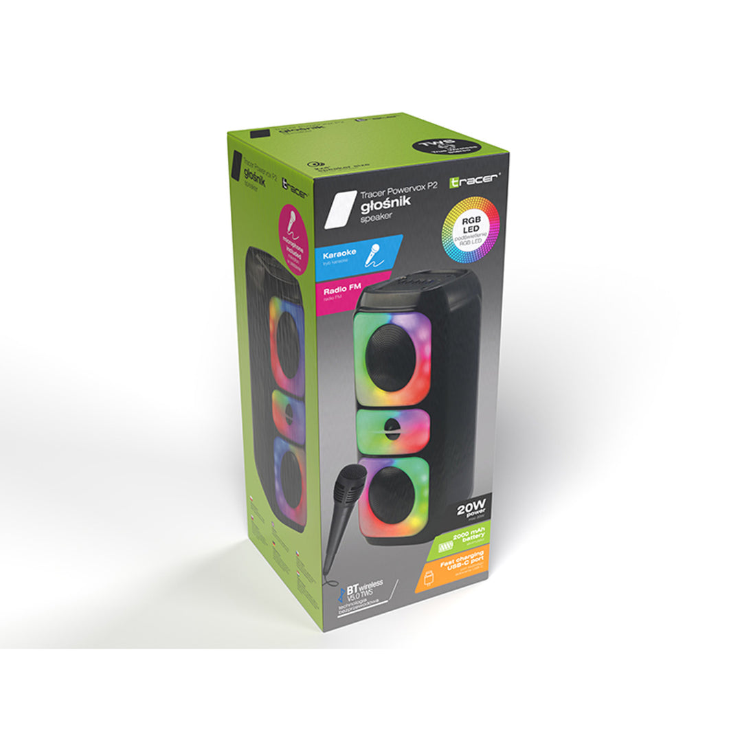 Tracer kabelloser Lautsprecher, Bluetooth 5.0, 20 W RMS-Leistung, Karaoke-Modus, Mikrofon, Powervox P2 TWS