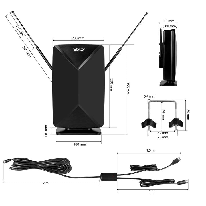 Aktive Antenne, Zimmerantenne, Innenantenne, Außenantenne, DVB-T2, terrestrisches 4K-Fernsehen, Vayox