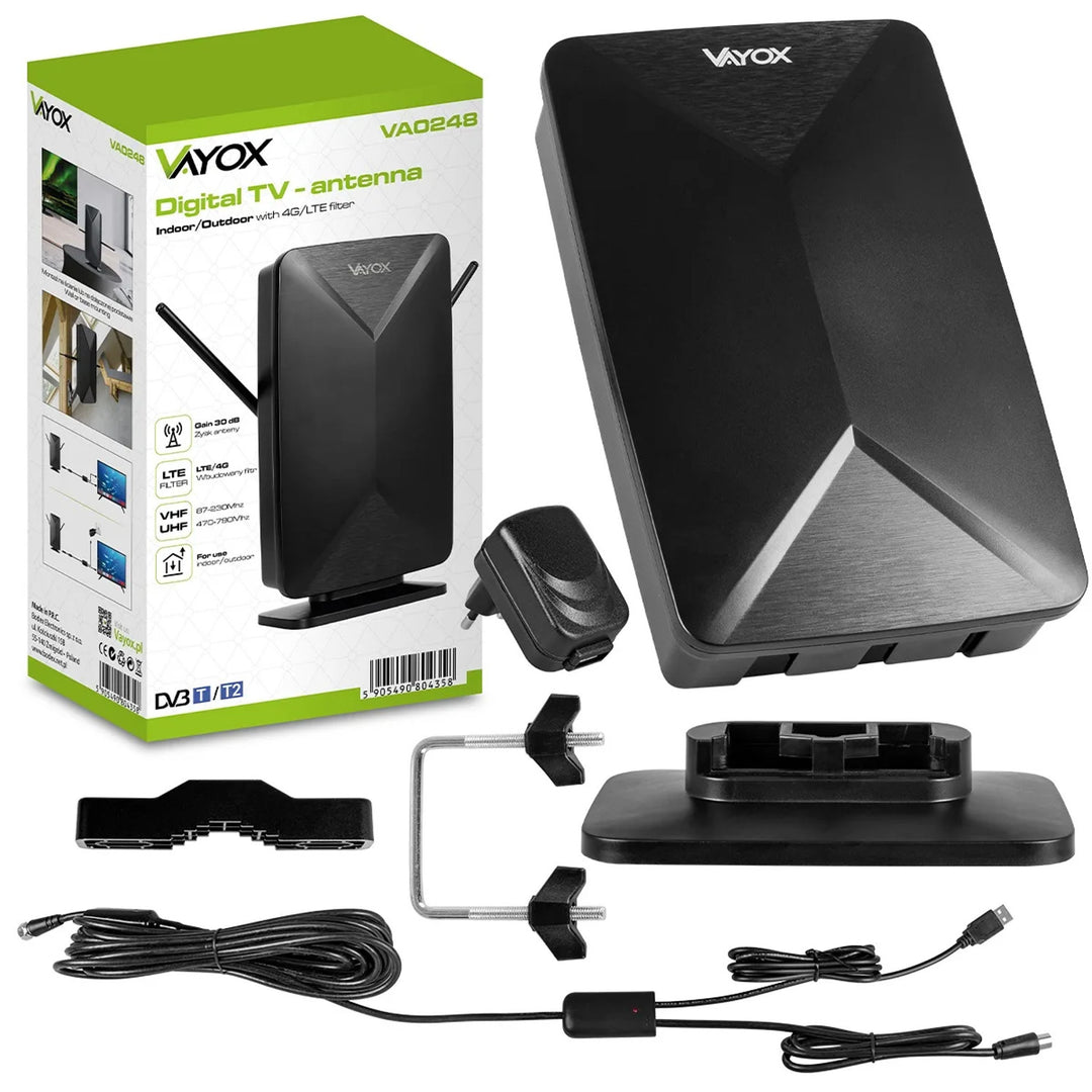 Aktive Antenne, Zimmerantenne, Innenantenne, Außenantenne, DVB-T2, terrestrisches 4K-Fernsehen, Vayox