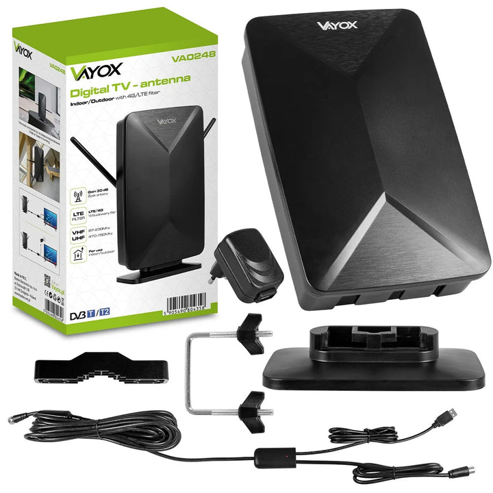 Aktive Antenne, Zimmerantenne, Innenantenne, Außenantenne, DVB-T2, terrestrisches 4K-Fernsehen, Vayox
