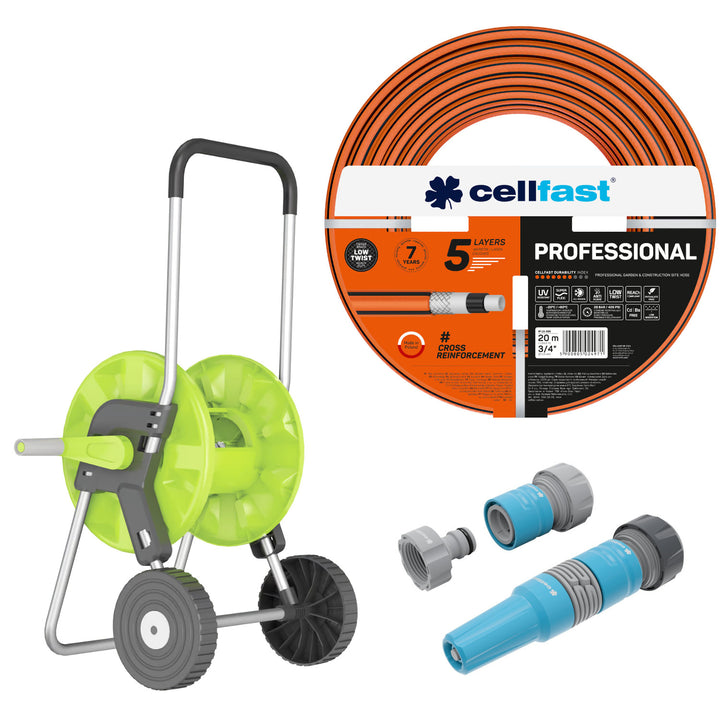 Cellfast-Gartenschlauch, PROFESSIONAL 3/4" 20 m + Cellfast Economic-Schlauchwagen 1/2" 45 m + Set mit geradem Sprühkopf 3/4" IDEAL