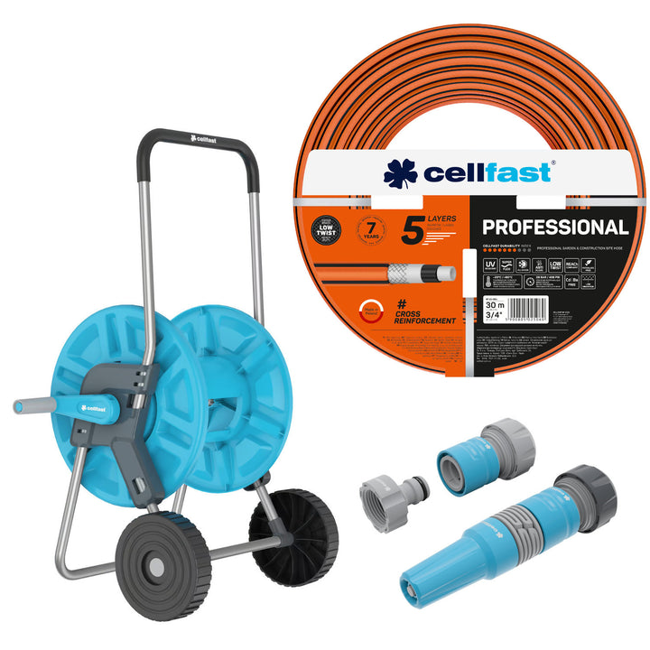 Cellfast-Gartenschlauch, PROFESSIONAL 3/4" 30 m + Set mit geradem Sprühkopf 3/4" IDEAL + Cellfast Aluplus-Schlauchwagen 1/2" 60 m