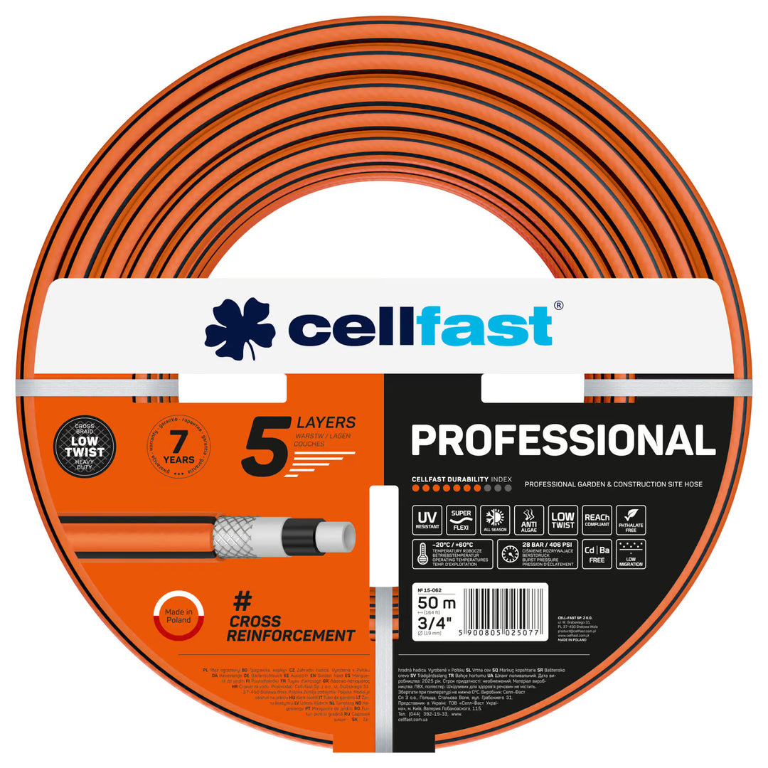 Cellfast-Gartenschlauch, PROFESSIONAL 3/4" 50 m + Set mit geradem Sprühkopf 3/4" IDEAL
