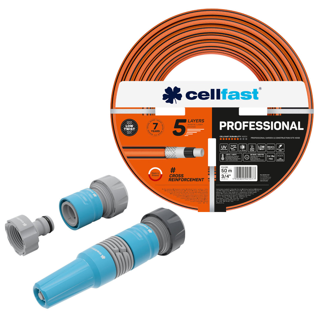 Cellfast-Gartenschlauch, PROFESSIONAL 3/4" 50 m + Set mit geradem Sprühkopf 3/4" IDEAL