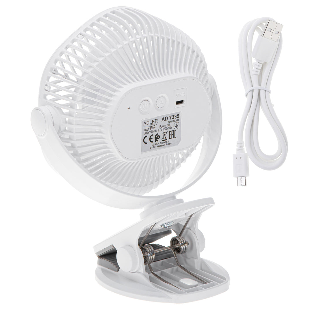 5"/12,7 cm Akku-Ventilator mit Clip – USB / LED, AD 7335, Adler