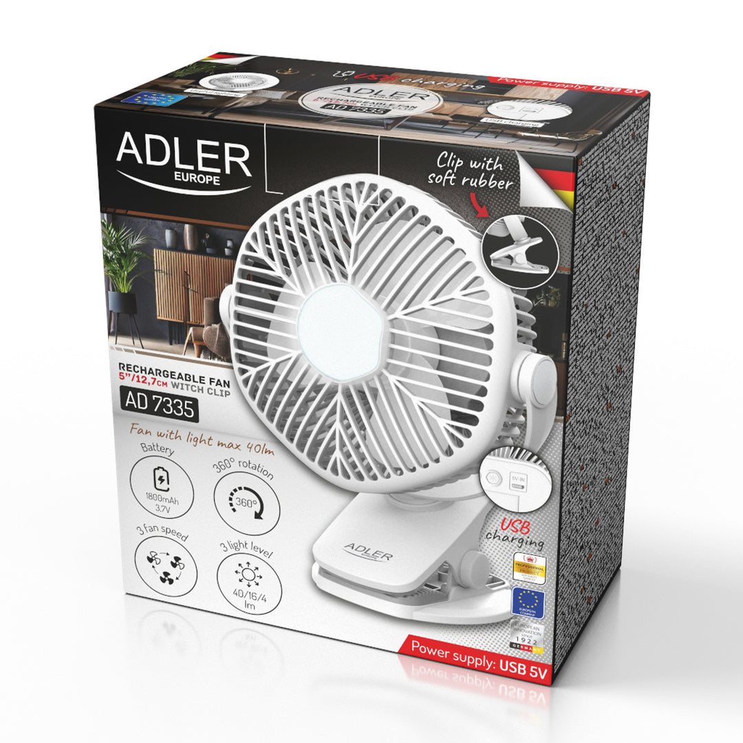 5"/12,7 cm Akku-Ventilator mit Clip – USB / LED, AD 7335, Adler