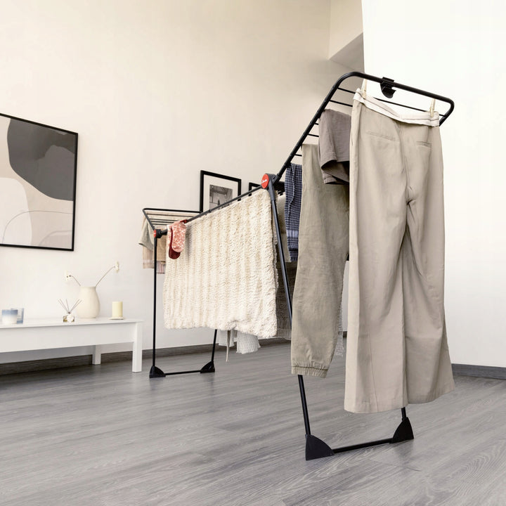 Wäscheständer Vileda Infinity Flex Ultimate, Farbe: Schwarz, bis zu 30 m Trockenfläche, ausziehbar, erhöhtes Gestell, Wäschehalter, integrierte Rollen, 179620