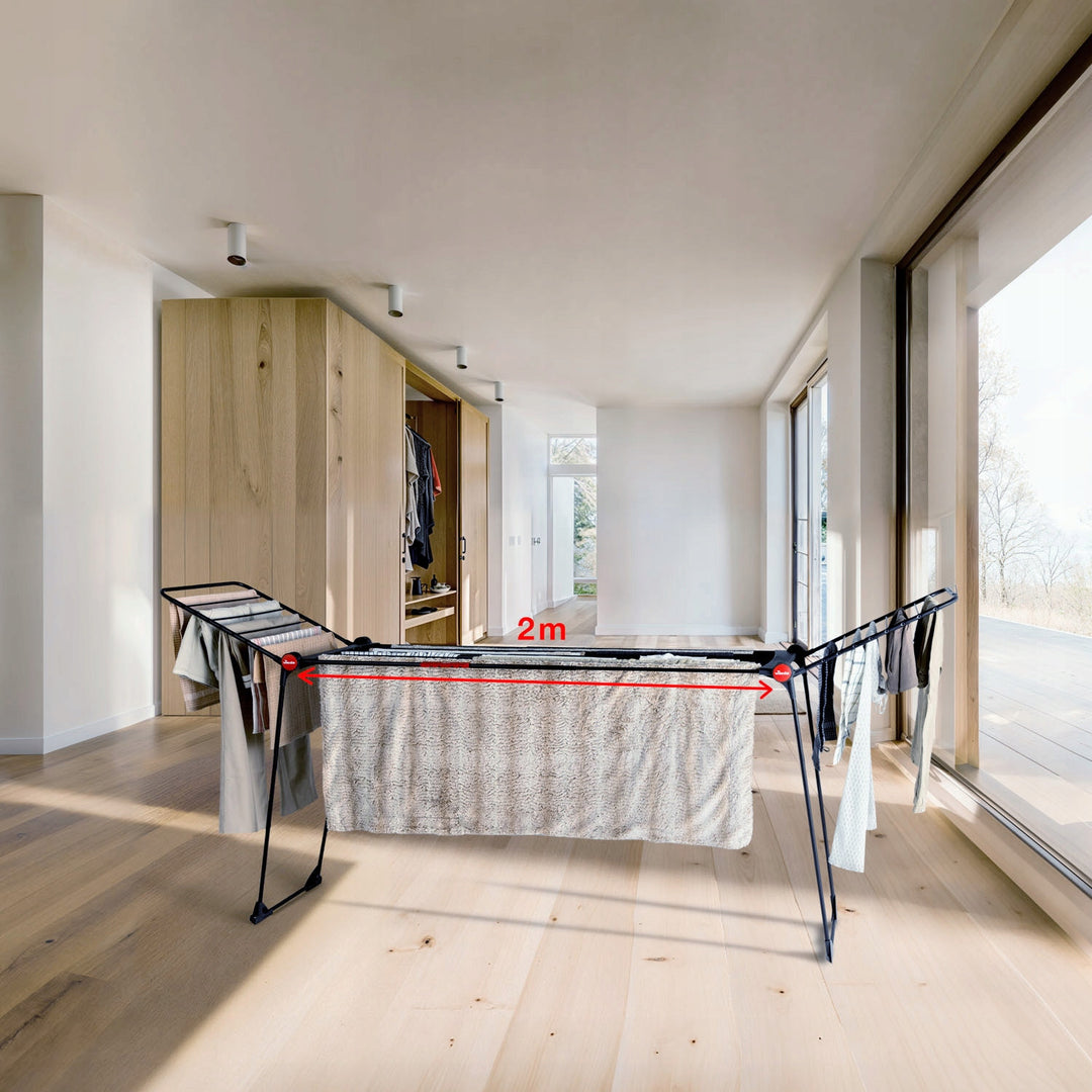 Wäscheständer Vileda Infinity Flex Ultimate, Farbe: Schwarz, bis zu 30 m Trockenfläche, ausziehbar, erhöhtes Gestell, Wäschehalter, integrierte Rollen, 179620
