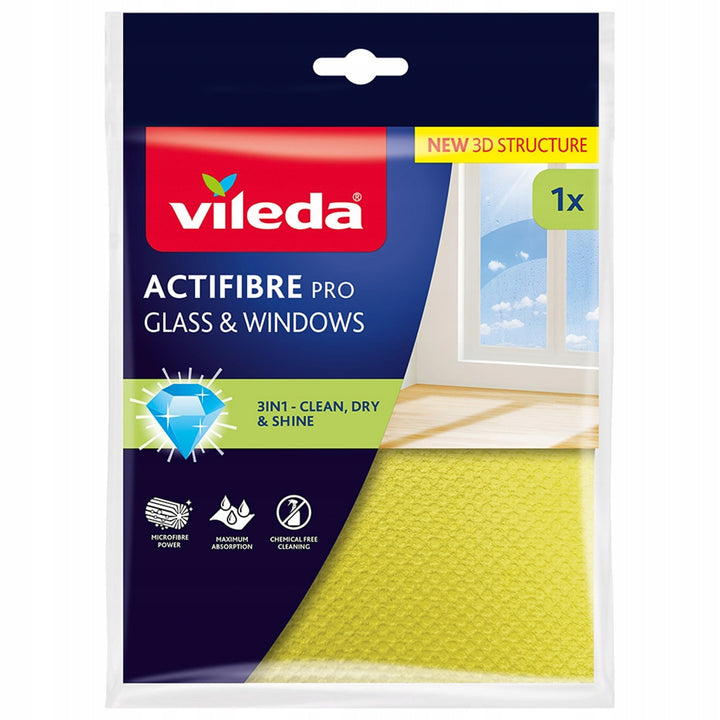 Vileda Actifibre Pro-Tuch für Glas und Fenster, maschinenwaschbar, PVA-Beschichtung, streifen- und tropfenfrei, reinigt nur mit Wasser, 183298