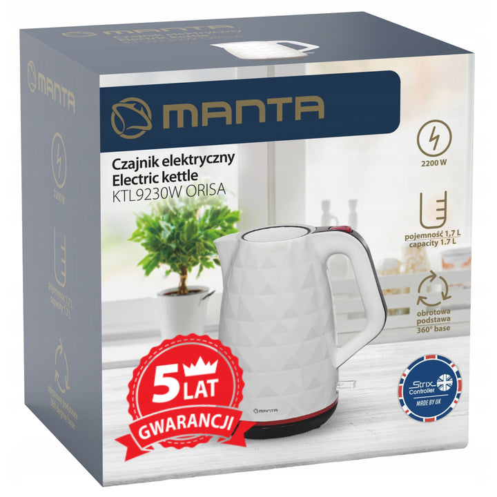Manta ORISA kabelloser Wasserkocher, 1,7 l, 2200 W, weiß