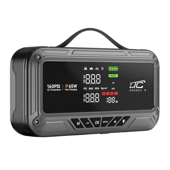 LTC-Starthilfe, 12.000 mAh, mit Kompressor, Taschenlampe und Powerbank, LCD-Display, Leistung 65 W, Kabel und Tragetasche im Lieferumfang enthalten, LXJS120