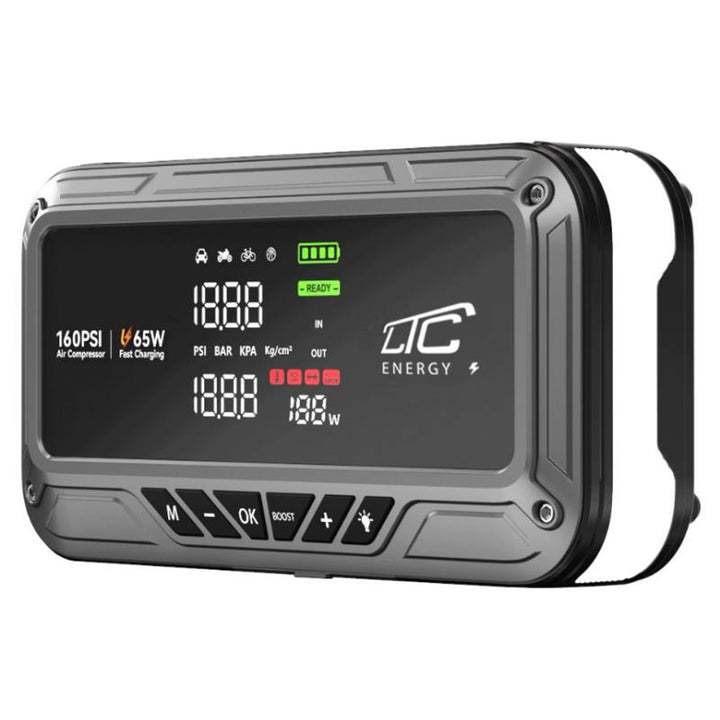 LTC-Starthilfe, 12.000 mAh, mit Kompressor, Taschenlampe und Powerbank, LCD-Display, Leistung 65 W, Kabel und Tragetasche im Lieferumfang enthalten, LXJS120