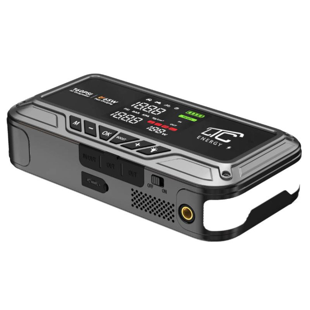LTC-Starthilfe, 12.000 mAh, mit Kompressor, Taschenlampe und Powerbank, LCD-Display, Leistung 65 W, Kabel und Tragetasche im Lieferumfang enthalten, LXJS120