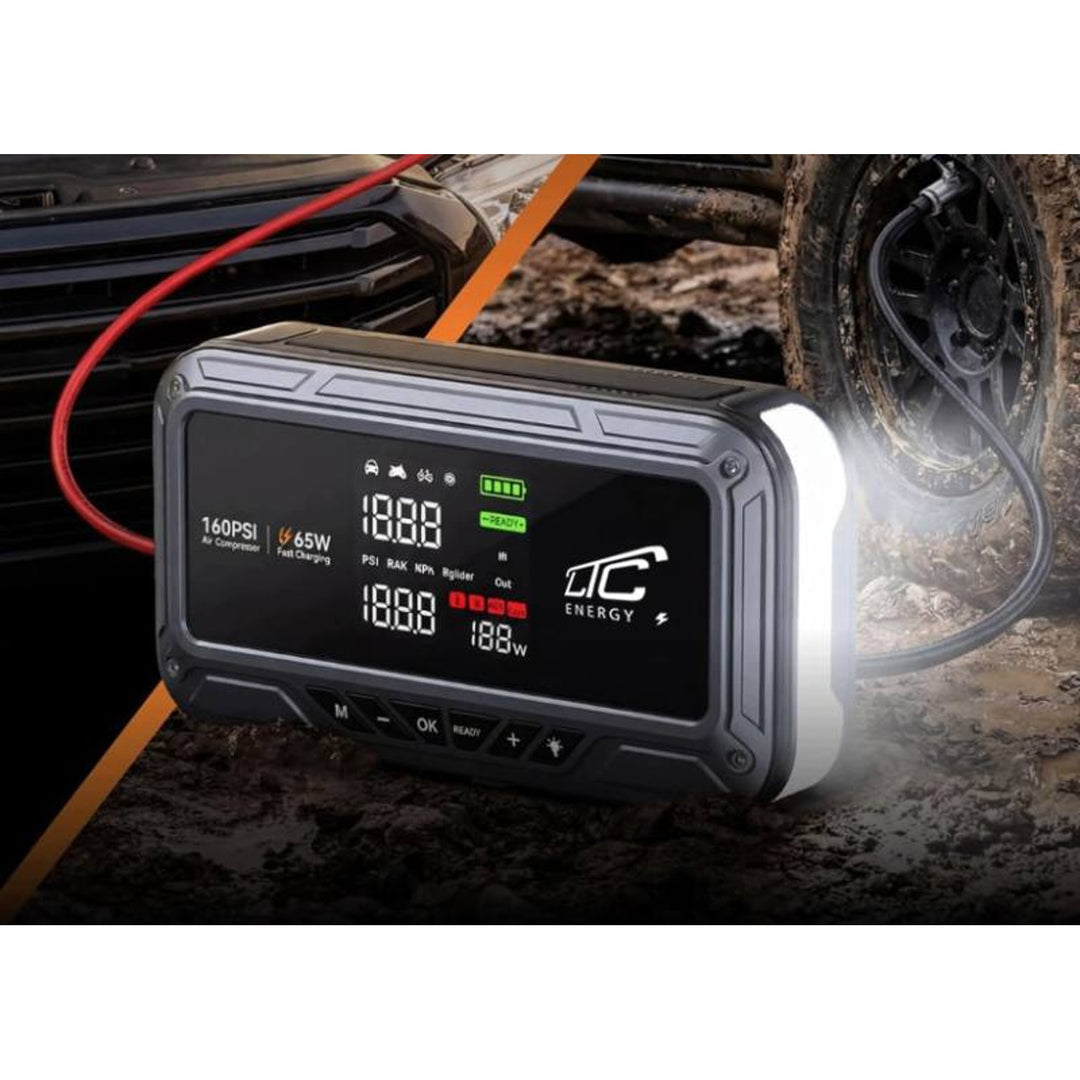 LTC-Starthilfe, 12.000 mAh, mit Kompressor, Taschenlampe und Powerbank, LCD-Display, Leistung 65 W, Kabel und Tragetasche im Lieferumfang enthalten, LXJS120
