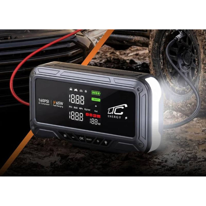 LTC-Starthilfe, 12.000 mAh, mit Kompressor, Taschenlampe und Powerbank, LCD-Display, Leistung 65 W, Kabel und Tragetasche im Lieferumfang enthalten, LXJS120