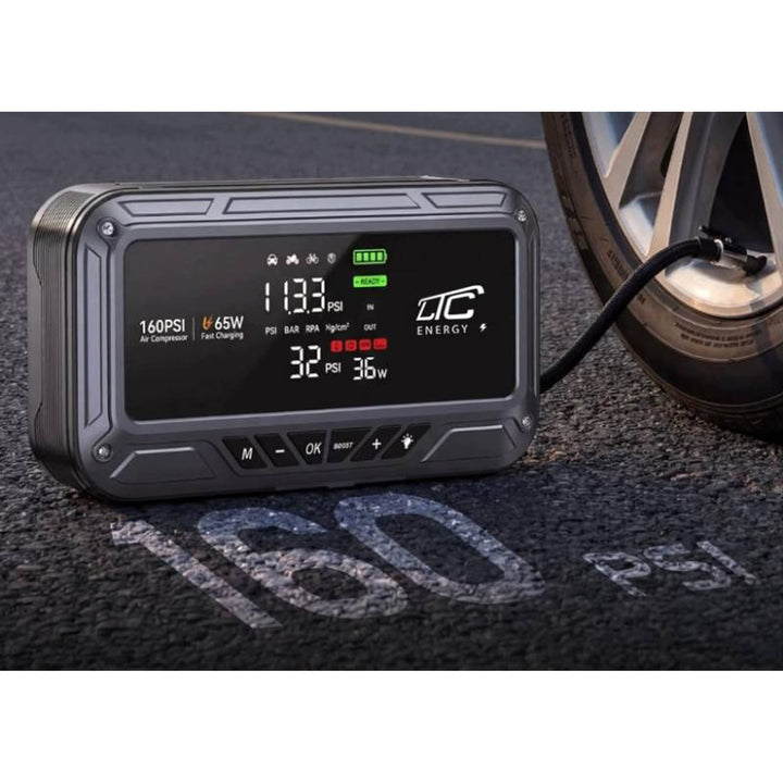 LTC-Starthilfe, 12.000 mAh, mit Kompressor, Taschenlampe und Powerbank, LCD-Display, Leistung 65 W, Kabel und Tragetasche im Lieferumfang enthalten, LXJS120