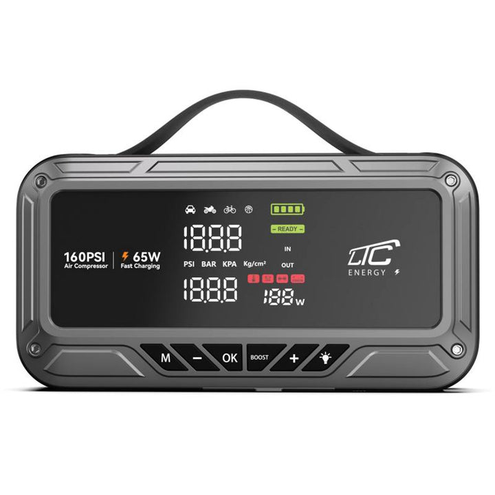 LTC-Starthilfe, 12.000 mAh, mit Kompressor, Taschenlampe und Powerbank, LCD-Display, Leistung 65 W, Kabel und Tragetasche im Lieferumfang enthalten, LXJS120