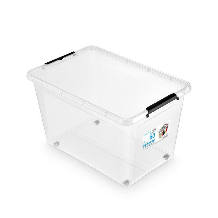 Moxom SimpleStore-Behälter, Fassungsvermögen 60 l, transparent, Deckel mit Clipverschluss, mit Rollen, BPA-frei, 04-0081