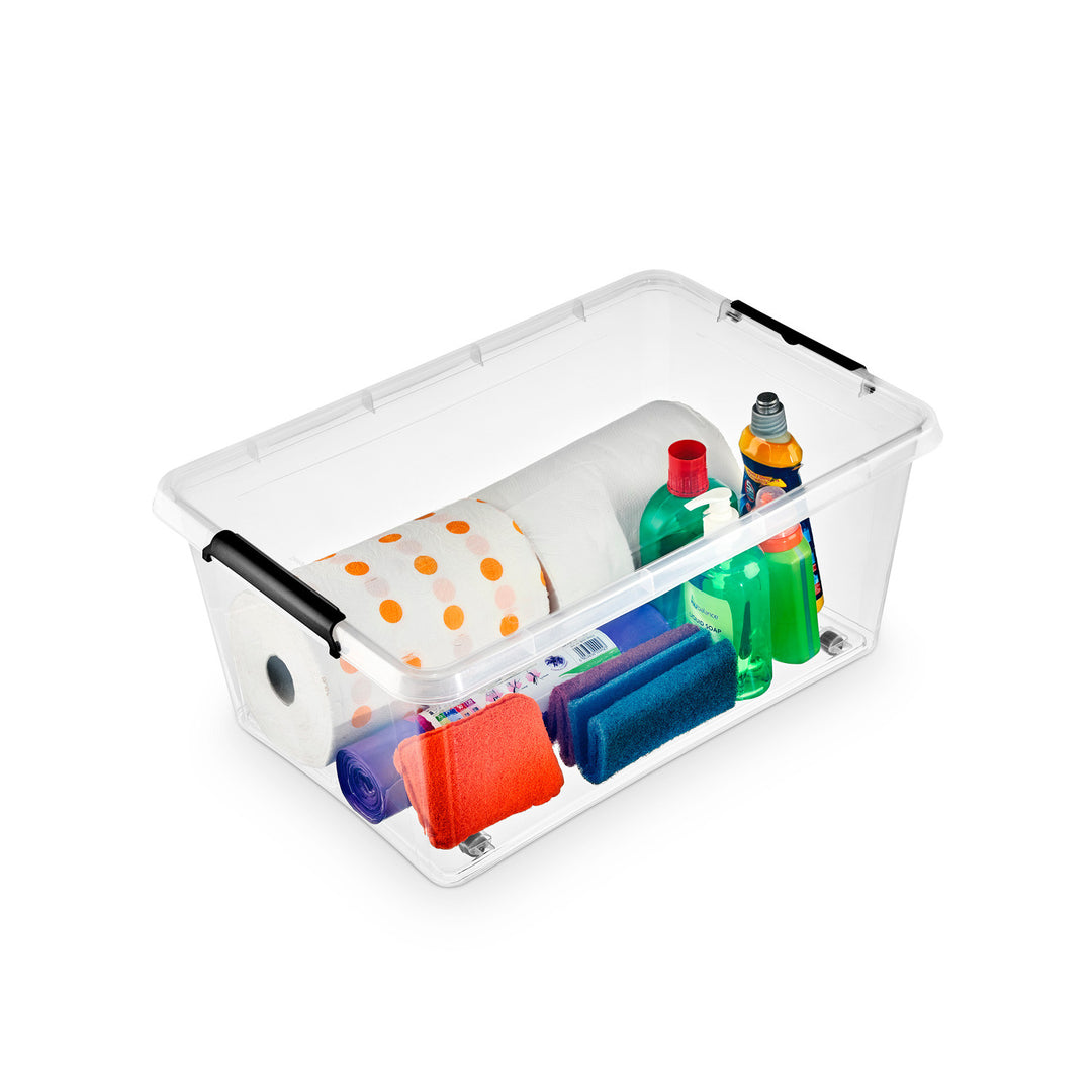 Moxom SimpleStore-Behälter, Fassungsvermögen 40 l, transparent, Deckel mit Clipverschluss, mit Rollen, BPA-frei, 04-0076