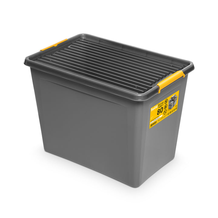 Moxom SolidStore-Behälter, Fassungsvermögen 80 l, grau, Deckel mit Clipverschluss, mit Rollen, BPA-frei, 04-0217