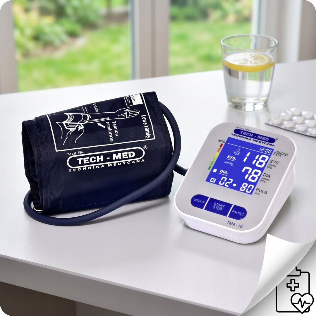 Elektronisches Blutdruckmessgerät, beleuchtetes Display, Manschette 22–32 cm, Arrhythmieanzeige, TMA-10, Tech-Med