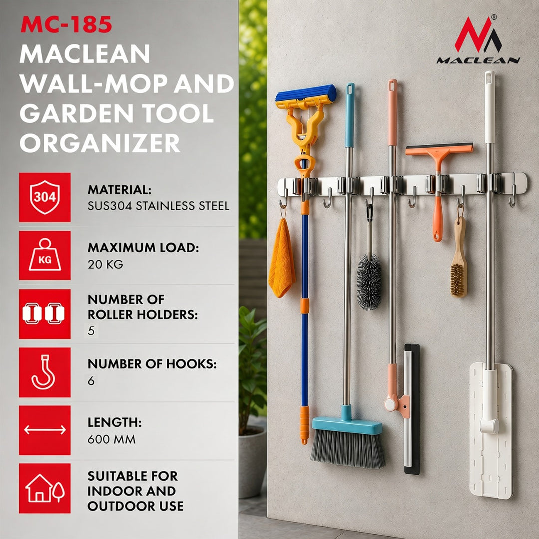 Maclean Wandhalterung für Gartengeräte und Mopps, aus Stahl, mit Haken, max. Belastbarkeit 20 kg, Breite 60 cm, MC-185, 2 Stück