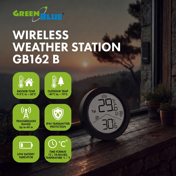 GreenBlue Funk-Wetterstation, Innen-/Außentemperatur, Uhr, wahlweise °C / °F, Reichweite bis zu 60 m, schwarz, GB162 B + 4x AAA-Alkalibatterien von Varta Industrial