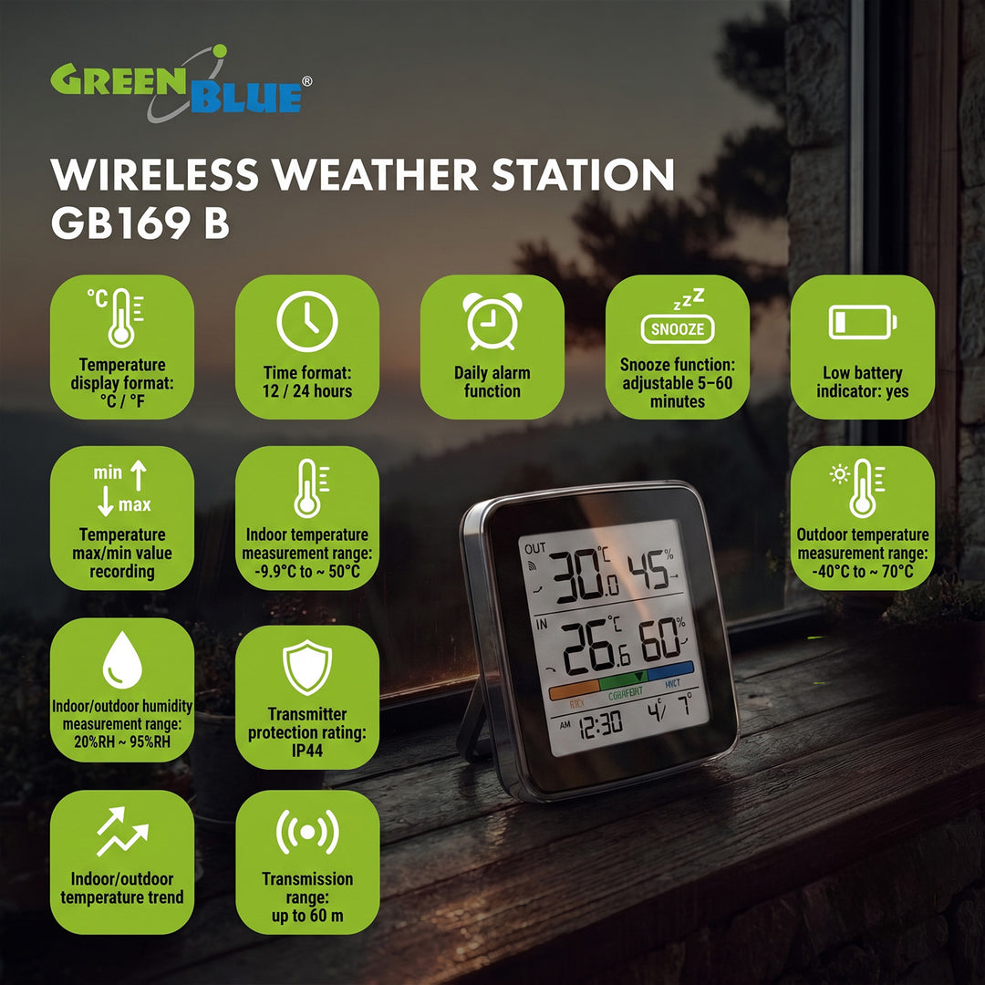 GreenBlue Funk-Wetterstation, Temperatur + Luftfeuchtigkeit (innen/außen), Uhr + Wecker + Datum, °C / °F, bis zu 60 m, schwarz, GB169 B + 4 x Varta Industrial AAA-Alkalibatterien