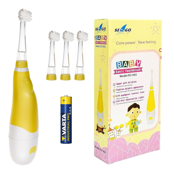 SEAGO Schallzahnbürste für Kinder, gelb, 4 Aufsätze, SG-902 Yellow + AAA-Alkalibatterie von Varta Industrial