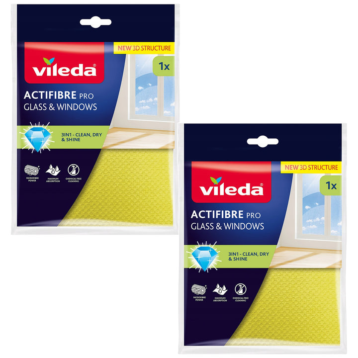 Vileda Actifibre Pro-Tuch für Glas und Fenster, maschinenwaschbar, PVA-Beschichtung, streifen- und tropfenfrei, reinigt nur mit Wasser, 183298, 2 Stück