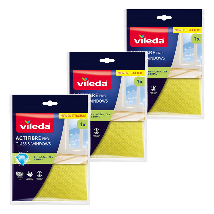 Vileda Actifibre Pro-Tuch für Glas und Fenster, maschinenwaschbar, PVA-Beschichtung, streifen- und tropfenfrei, reinigt nur mit Wasser, 183298, 3 Stück